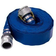 A 50-foot roll of blue lay-flat discharge hose with a silver-colored C(Female Coupler) and E(Male Adapter) Camlock fittings - 2 Blue Layflat + C(Female Coupler)&E(Male Adapter) Camlock 50' Roll