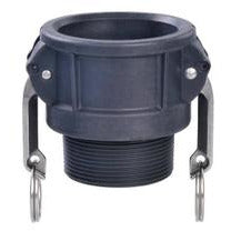 A black polyethylene B-shaped plumbing connector with metal screws for attachment. 3 Part B Polypropylene