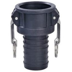 A black three-part C-shaped poly pipe connector with metal loops on the side for plumbing. 3 Part C Polypropylene