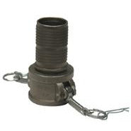 A stainless steel C-shaped crimplok with chains attached for piping applications. 3 Part C Stainless 316 Crimplok