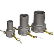 Three aluminum pipe connectors with barbed hoses, showing different angles and sizes, with a silver color. 1 1/2 Part C Aluminum Crimplok