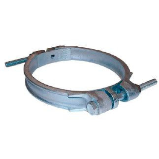 A metal double bolt clamp with a saddle and clamping mechanism. - 5-1-2 -5-15-16 Double Bolt