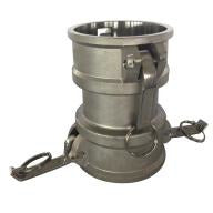 A stainless steel spool with cam and groove, showing two ring handles for lifting. - 2 x 3 Part D Stainless 316 Spool Coupler