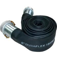 A black, durable, flat lay hose with pre-installed Camlock fittings - 2 x 50' Duraflex + C(Female Coupler)&E(Male Adapter) Camlock Pre-Assembled