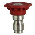 A red quick disconnect spray nozzle with a stainless steel body, designed for use with pressure washers - 6.0 Red Tip 0-Degree Quick Disconnect Spray Nozzle