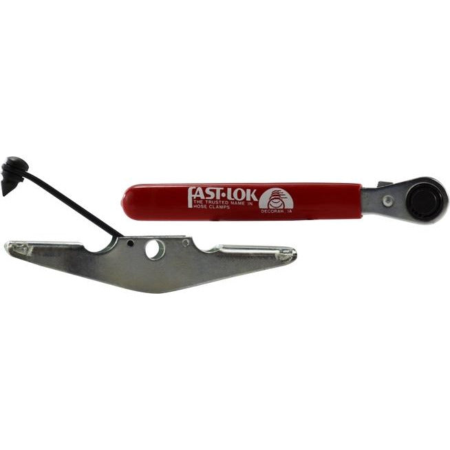 A red and silver locking tool with a metallic finish. The tool has a spring mechanism and is designed for securing components together. Locking Tool