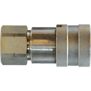 A flat face coupler with a 1/2 inch body and 3/4 inch female NPT thread, zinc-plated finish, made of steel. 1/2 Body x 3/4 Female National Pipe Thread Flat Face Coupler