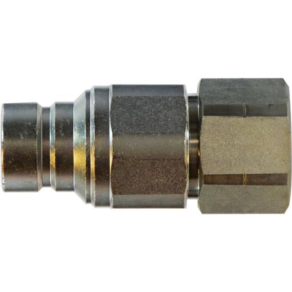A steel flat face plug with a FNPT connection, zinc-plated finish, and threaded end. 1/2 Body X 3/4 Female National Pipe Thread Flat Face Plug
