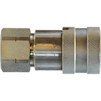 A silver-colored 3/4 Female National Pipe Thread Flush Face Coupler, showing the connection ends and the mid-section with textured grips. 3/4 Female National Pipe Thread Flush Face Coupler