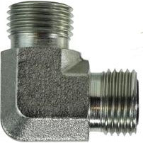 A 90-degree elbow hydraulic fitting with male ORFS on both ends, made of steel - 9/16-18 Male O-Ring Face Seal x Male O-Ring Face Seal 90 Elbow