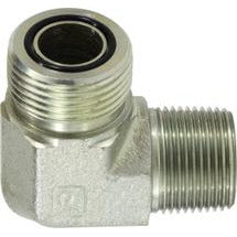 A silver-colored 90-degree elbow adapter with male ORFS and MIP connections - 1-14 x 1/2 Male O-Ring Face Seal X Male Iron Pipe 90 Elbow Adapter