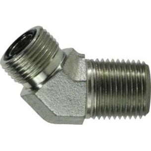 A silver-colored 45-degree elbow pipe fitting with male ORFS and MNPT connections - 1-7/16-12 X 1 Male O-Ring Face Seal x Male National Pipe Thread 45 Elbow