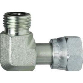 A silver metal swivel 90-degree elbow fitting with male flare on one end and female ORFS on the other - 11/16-16 x 9/16-18 Male Female Flare x Female O-Ring Swivel 90
