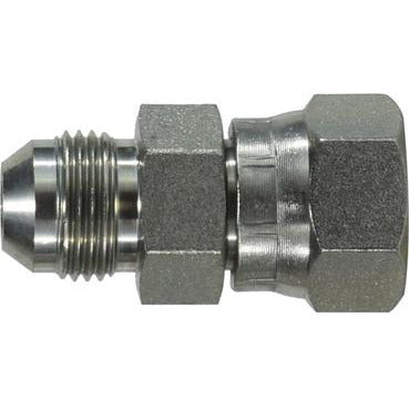 A metal swivel connector with male JIC and female ORFS fittings - 7/16-20 x 9/16-18 Male Joint Industry Council x Female O-Ring Face Seal Swivel Connector