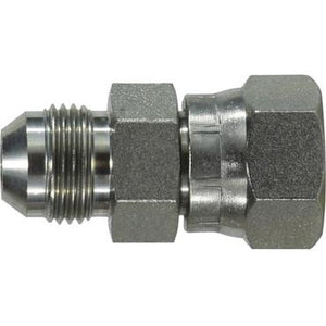 A metal swivel connector with male JIC and female ORFS fittings - 7/16-20 x 9/16-18 Male Joint Industry Council x Female O-Ring Face Seal Swivel Connector