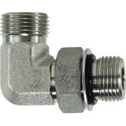 A silver-colored 90-degree elbow hydraulic fitting made of steel with male ORFS and male ORB connection types - 13/16-16 x 3/4-16 Male O-Ring Face Seal x Male O-Ring 90 Elbow