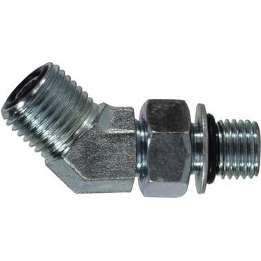 A 45-degree elbow hydraulic fitting with male ORFS and male ORB connections, made of steel - 13/16-16 x 3/4-16 Male O-Ring Face Seal x Male O-Ring Boss 45 Elbow