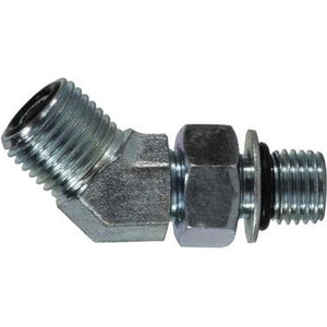 A 45-degree elbow hydraulic fitting with male ORFS and male ORB connections, made of steel - 13/16-16 x 3/4-16 Male O-Ring Face Seal x Male O-Ring Boss 45 Elbow