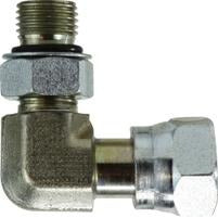 A 90-degree elbow hydraulic fitting with a male O-ring boss on one end and a female O-ring face seal on the other, made of steel - 7/16-20 x 9/16-18 Male O-ring Boss x female O-ring Face Seal 90 Elbow Connector