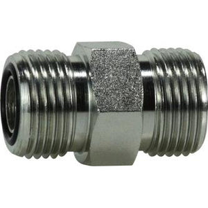 A silver-colored metal male O-ring face seal union connector. - 1-7/16-12 Male O-Ring Face Seal Union