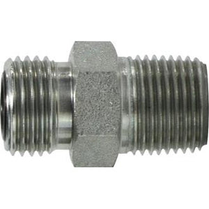 A straight connector with male ORFS and male NPT threads, made of silver steel. - 1-7/16-12 x 1 Male O-Ring Face Seal x Male National Pipe Thread Straight Connector