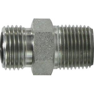 A silver-colored metal straight connector with male ORFS and male NPT thread types. - 11/16-20 X 3/8 Male O-Ring Face Seal x Male National Pipe Thread Straight Connector