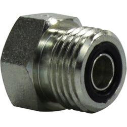 A silver-colored steel O-Ring Face Seal Plug with threaded connections, designed for hydraulic systems. - 1/2 x 13/16-16 O-Ring Face Seal Plug