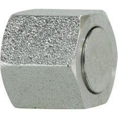 A silver steel O-Ring Face Seal Cap with a textured surface. - 3/8 x 11/16-16 O-Ring Face Seal Cap