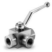 A stainless steel 3-way high pressure valve with a lever on the top for turning the valve on and off. - 2 National Pipe Thread 3-Way Steel High Pressure Ball Valve