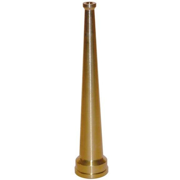 A gold-colored brass nozzle for a fire hose.