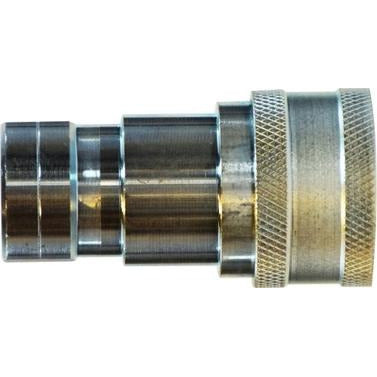 A silver-colored 1/4 ISO-B Quick Disconnect Coupler made of steel, featuring a knurled grip surface on one end. - 1/4 ISO-B Quick Disconnect Coupler