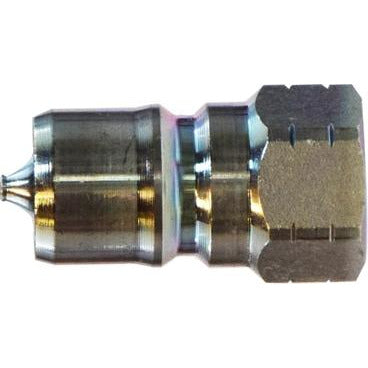 A silver-colored 1/4 ISO-B quick disconnect plug made of steel, featuring a plug fitting type and designed for use in fluid and air systems. - 1/4 ISO-B Quick Disconnect Plug