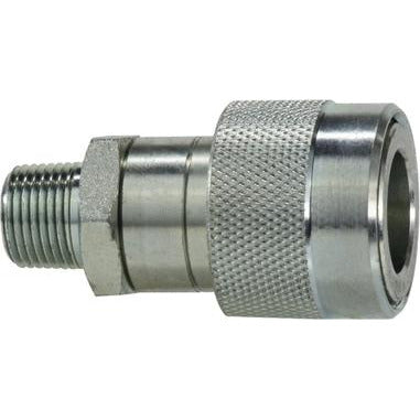A silver-colored 3/8 Hydraulic Jack Thread Lock Coupler made of steel with a threaded body and a locking nut. - 3/8 Hydraulic Jack Thread Lock Coupler