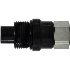 A black steel pipe thread lock plug with a hexagonal head and threaded shank. - 1/2 Female National Pipe Thread Vulcanized Elastomeric Pipe Thread Lock Plug