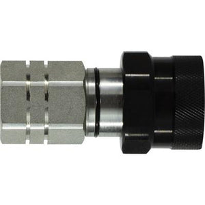 A black steel pipe thread lock quick coupler with a vulcanized elastomeric seal, designed for making secure fluid connections. - 1-1/2 Female National Pipe Thread Vulcanized Elastomeric Pipe Thread Lock Quick Coupler