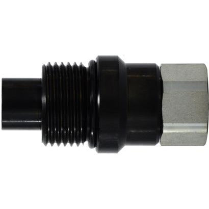 A black steel pipe thread lock plug with a hexagonal head and threaded body, designed for use with FNPT fittings. - 1 Female National Pipe Thread Vulcanized Elastomeric Pipe Thread Lock Plug