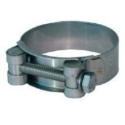 Stainless steel pipe clamp with adjustable bolts and nuts, typically used for securing pipes in plumbing or industrial applications. — 44-47 M8 Maxi Clamp Stainless