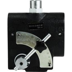 A black cast iron flow control valve with a pressure compensator and a silver-colored rotary spool - 1/2 Female National Pipe Thread 0-16 Gallons Per Minute Pressure Compensated Flow Control