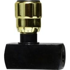 High Pressure Flow Control Valve with a gold-colored micrometer adjustment knob on top of a black body - 1 Female National Pipe Thread High Pressure Flow Control