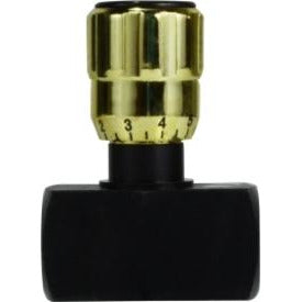 A black high pressure needle valve with a gold-colored micrometer adjustment knob - 3/8 Female National Pipe Thread High Pressure Needle Valve