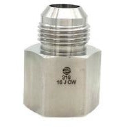 A stainless steel pipe adapter with male JIC and female NPT connections. - 316 -04 Male Joint Industry Council x 1/4 Female National Pipe Thread