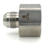 A stainless steel industrial connection reducer with female JIC on one end and male JIC on the other. - 316 -12 Female Joint Industrial Connection x -06 Male Joint Industrial Connection Reducer