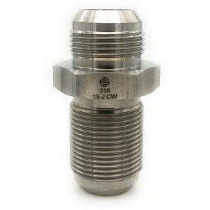 A stainless steel 316 -12 Male Joint Industry Council Bulkhead fitting with male JIC threads. - 316 -12 Male Joint Industry Council Bulkhead