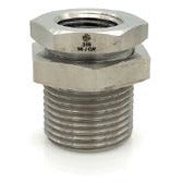 A silver-colored 316 3/8 FNPT bulkhead with a nut included, designed for plumbing and piping applications. - 316 3/8 Female National Pipe Thread Bulkhead (Nut Included)