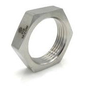 A silver-colored bulkhead nut with a hexagonal shape and a visible threaded interior. - 316 -12 Bulkhead Nut