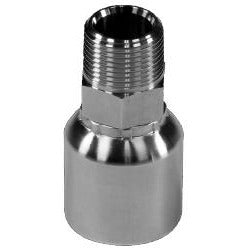 A metal 3/8 hose x 1/4 MNPT connector with a threaded end and a hose barb. - 43 Series 3/8 Hose X 1/4 Male National Pipe Thread