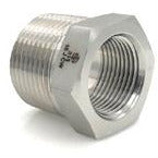 A stainless steel hexagonal bushing with male national pipe thread on one end and female national pipe thread on the other - 316 1/2 Male National Pipe Thread x 1/4 Female National Pipe Thread Hex Bushing