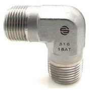 A 316 stainless steel elbow pipe fitting with 1/4 MNPT thread size - 316 1/4 Male National Pipe Thread x 1/4 Male National Pipe Thread 90