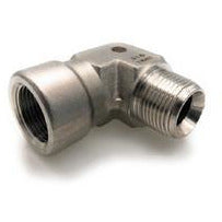 A 316 stainless metal 90-degree elbow pipe fitting with 1/8 MNPT and 1/8 FNPT threads - 316 1/8 Male National Pipe Thread x 1/8 Female National Pipe Thread 90