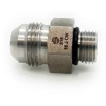 A stainless steel male adapter with a flared male JIC end and a male O-Ring Boss end - 316 -08 Male Joint Industry Council x -10 Male O-Ring Boss